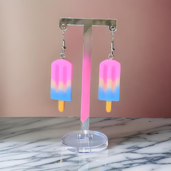 New Pink Popsicle Ice Cream Barbiecore Dangle‎ Earrings Sterling Metallic - Picture 2 of 2